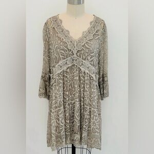 Gretty Zueger Silk Boho Dress NWOT khaki Garment Dyed Ruffled Embroidered M